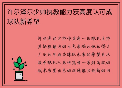 许尔泽尔少帅执教能力获高度认可成球队新希望