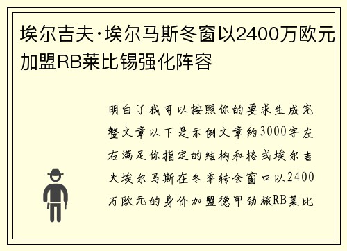 埃尔吉夫·埃尔马斯冬窗以2400万欧元加盟RB莱比锡强化阵容